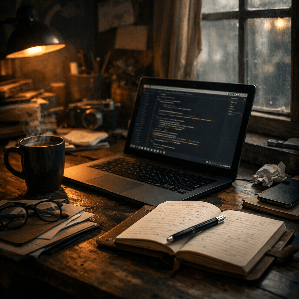 Laptop with code on screen, steaming coffee mug, open notebook with pen, glasses on wooden desk