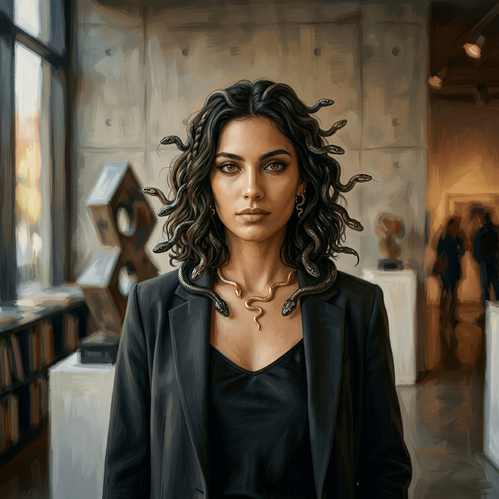Woman with dark curly hair and gold snake jewelry in an art gallery