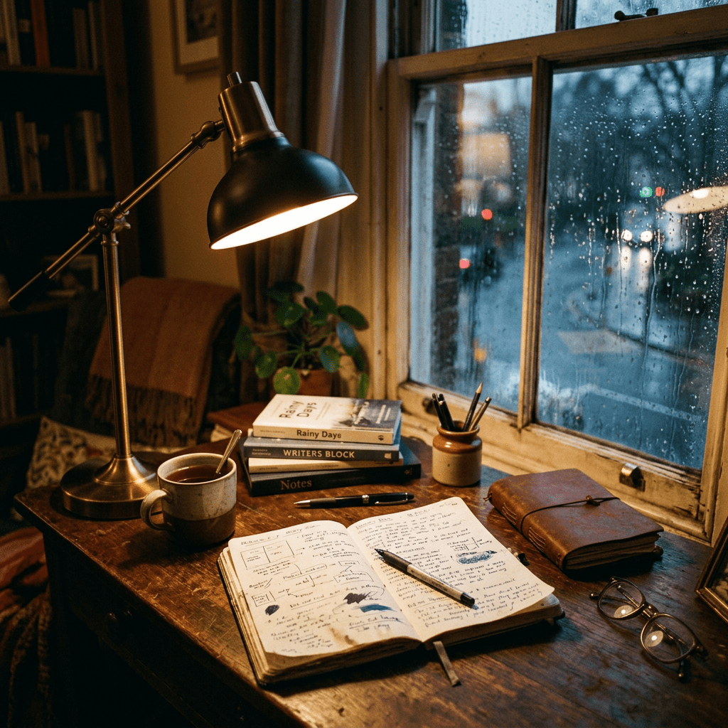 Writing desk with open notebook, lamp, coffee cup, and rain outside window